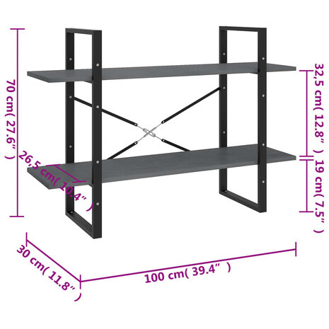 Boekenkast met 2 schappen 100x30x70 cm massief grenenhout grijs 8