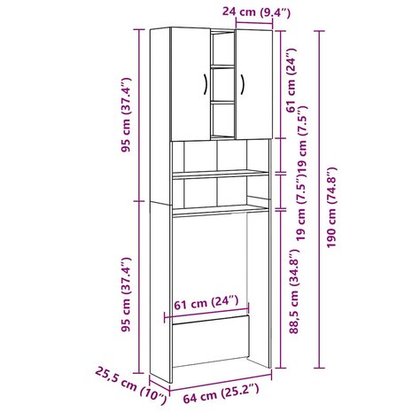 Wasmachinekast 64x25,5x190 cm grijs sonoma eikenkleurig 9