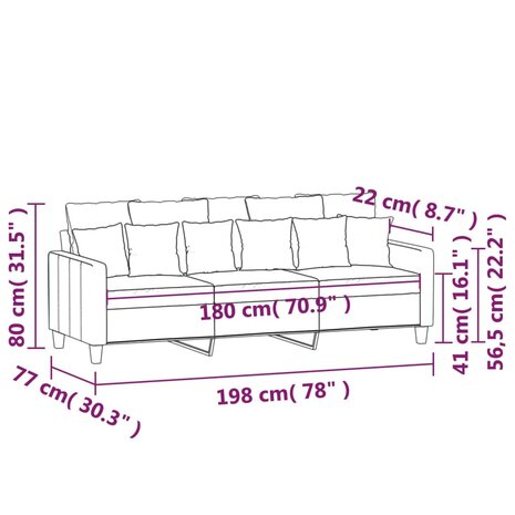 Driezitsbank 180 cm stof wijnrood 8