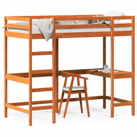 Hoogslaper met bureau massief grenenhout wasbruin 90x200 cm 2