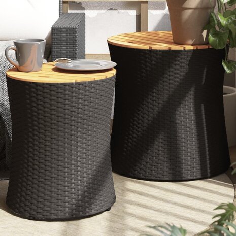 Tuinbijzettafels 2 st met houten blad poly rattan zwart 1