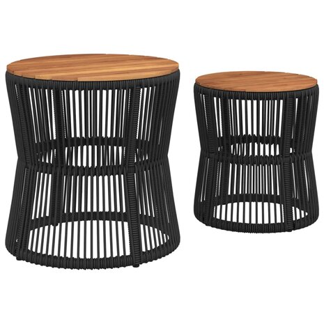 Tuinbijzettafels 2 st met houten blad poly rattan zwart 6