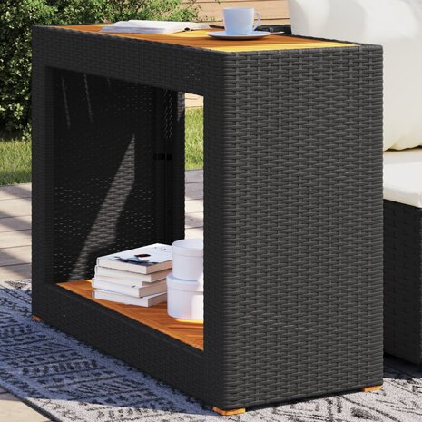 Tuinbijzettafel met houten blad 100x40x75 cm poly rattan zwart 1