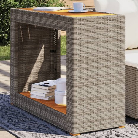 Tuinbijzettafel met houten blad 100x40x75 cm poly rattan grijs 1