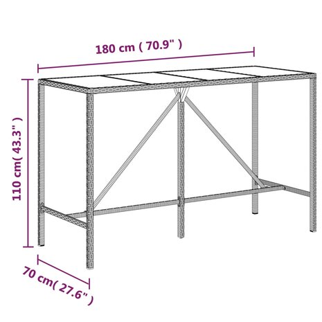 Bartafel met glazen blad 180x70x110 cm poly rattan bruin 6