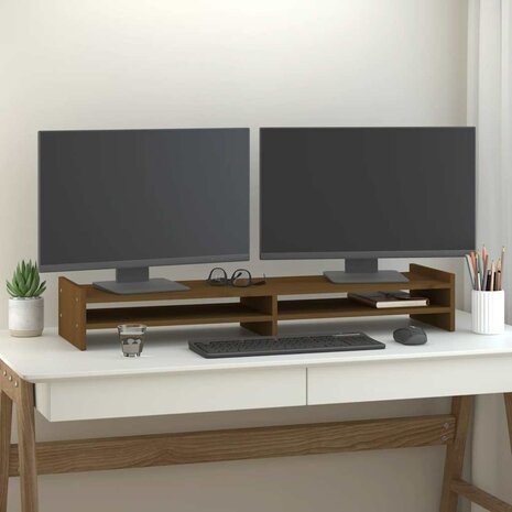 Monitorstandaard 100x27x15 cm massief grenenhout honingbruin 1