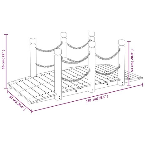 Tuinbrug met kettingrails 150x67x56 cm massief vurenhout 6
