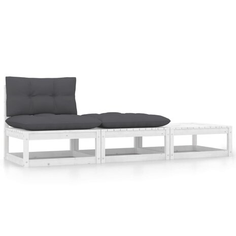 3-delige Loungeset met kussens massief grenenhout wit 1