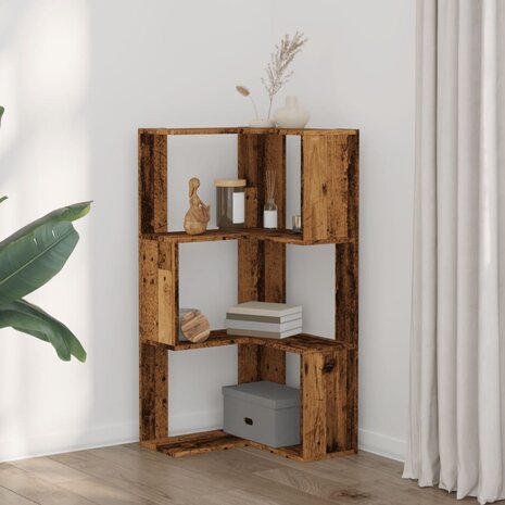 Boekenkast 3-laags hoek 50x50x102 cm bewerkt hout oud houtkleur 3