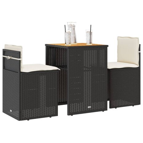 3-delige Bistroset met kussens poly rattan zwart 1