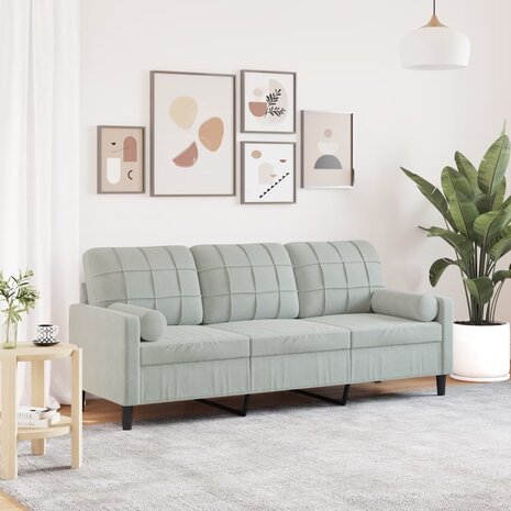 Driezitsbank met sierkussens 180 cm fluweel lichtgrijs 1