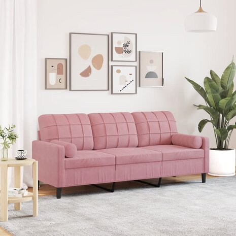 Driezitsbank met sierkussens 180 cm fluweel roze 1