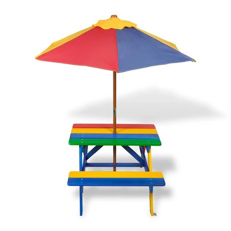 Kinderpicknicktafel met banken en parasol hout meerkleurig 2