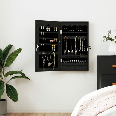 Sieradenkast met spiegel wandgemonteerd 37,5x10x67 cm zwart 1