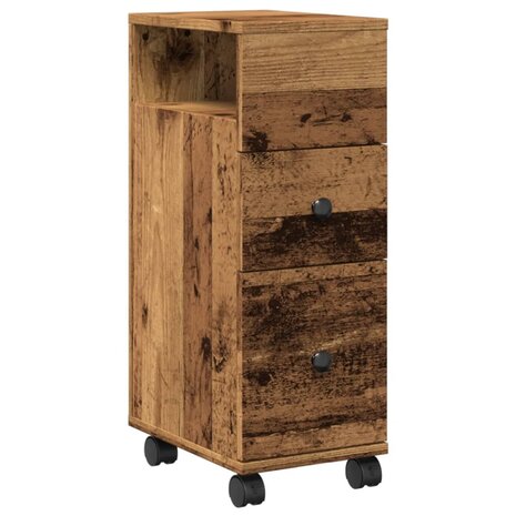 Badkamerkast smal met wielen bewerkt hout oud houtkleurig 2