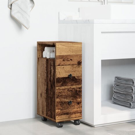 Badkamerkast smal met wielen bewerkt hout oud houtkleurig 3