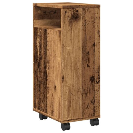 Badkamerkast smal met wielen bewerkt hout oud houtkleurig 6