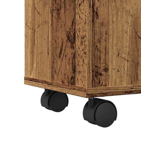 Badkamerkast smal met wielen bewerkt hout oud houtkleurig 8