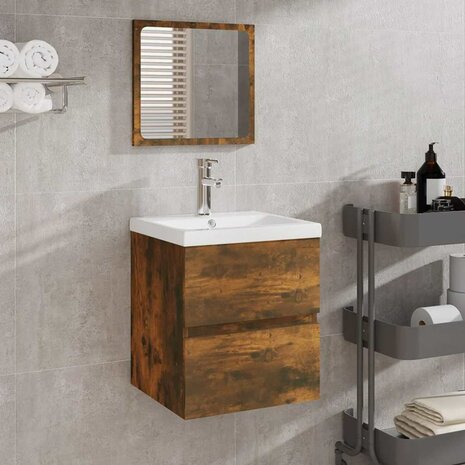 Badkamerkast met spiegel bewerkt hout gerookt eikenkleurig 1