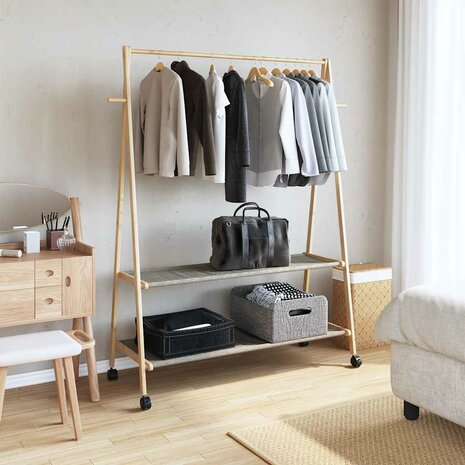 Kledingrek met schappen en wielen 132x45,5x155,5 cm bamboe 2