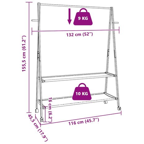 Kledingrek met schappen en wielen 132x45,5x155,5 cm bamboe 9