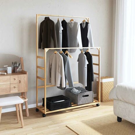 Kledingrek met schappen en wielen 90x35x155 cm bamboe 2