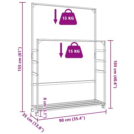 Kledingrek met schappen en wielen 90x35x155 cm bamboe 9