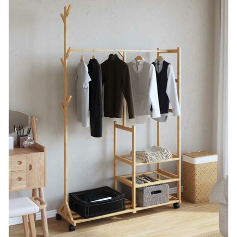 Kledingrek met schappen en wielen 100x38x175,5 cm bamboe 3