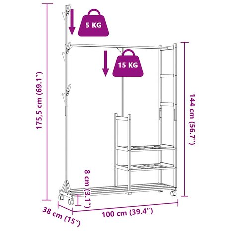 Kledingrek met schappen en wielen 100x38x175,5 cm bamboe 9