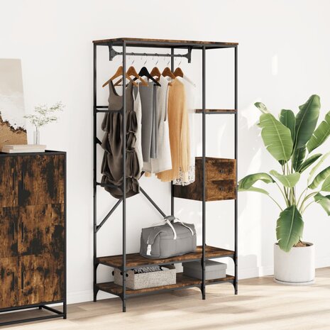 Kledingrek met schappen bewerkt hout gerookt eikenkleurig 3