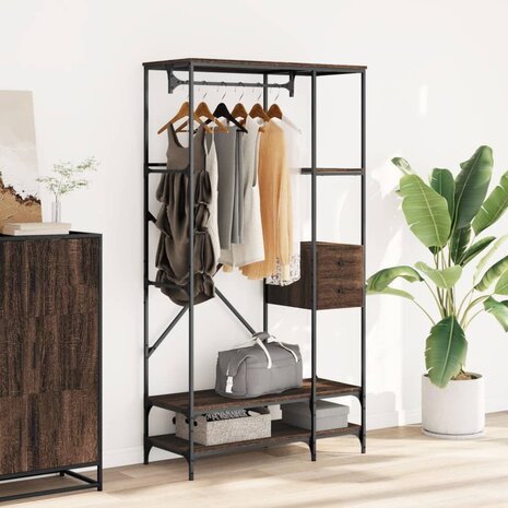 Kledingrek met schappen bewerkt hout bruin eikenkleur 3