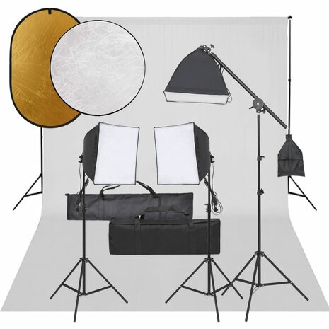 Fotostudioset met verlichtingsset, achtergrond en reflector 1