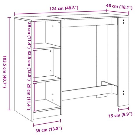 Bartafel met schap 124x46x103,5 cm hout artisanaal eikenkleurig 9