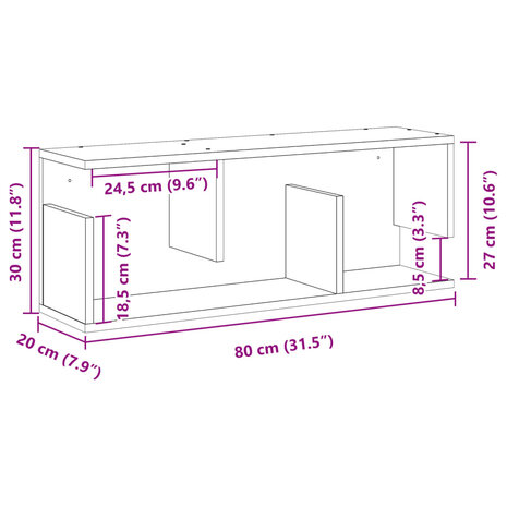 Wandkast 80x20x30 cm bewerkt hout zwart 9