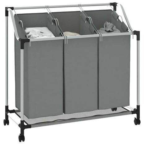 Wasmand met wielen 3 vakken grijs 4