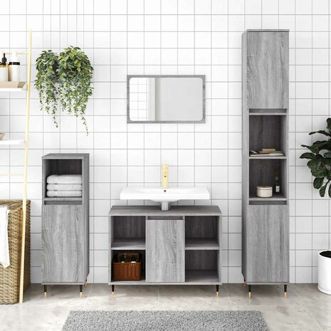 Badkamerkast 80x33x60 cm bewerkt hout grijs sonoma eikenkleurig 1
