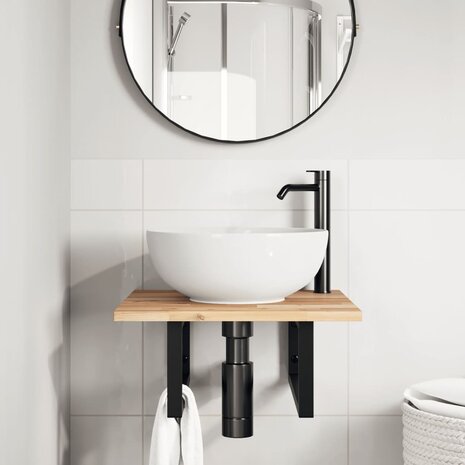 Badkamer wandschap staal en massief acaciahout 3
