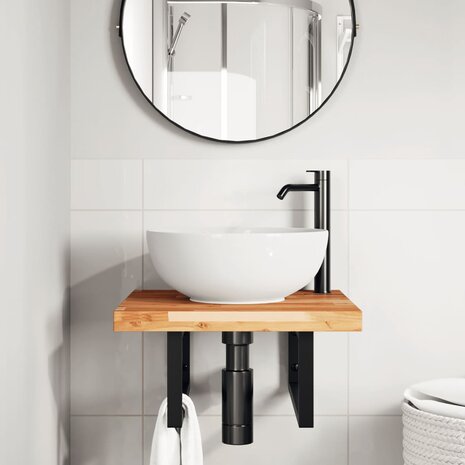 Badkamer wandschap staal en massief acaciahout 3