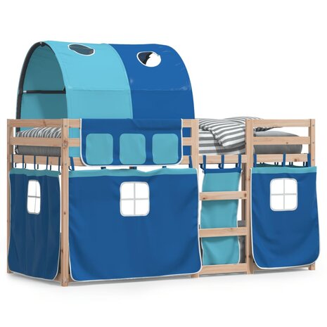 Stapelbed met gordijnen 90x200 cm massief grenenhout blauw 2