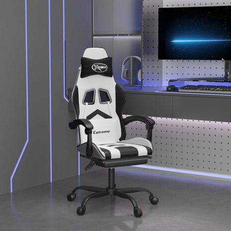 Gamestoel draaibaar met voetensteun kunstleer zwart en wit 1