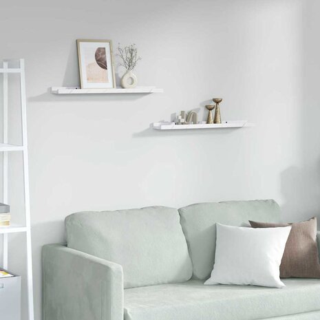 Wandplank met plank 2 pcs Wit Marmer 60 x 9 x 3 cm Bewerkt hout 1