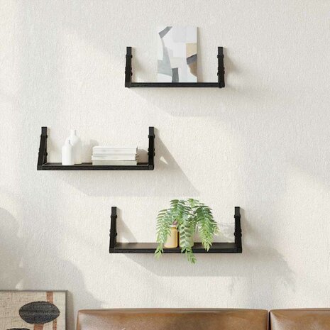 Wandplank Wandgemonteerd met opslag 3 pcs Zwart Eiken 1