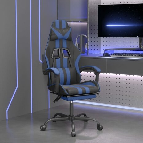 Gamestoel draaibaar met voetensteun kunstleer zwart en blauw 1