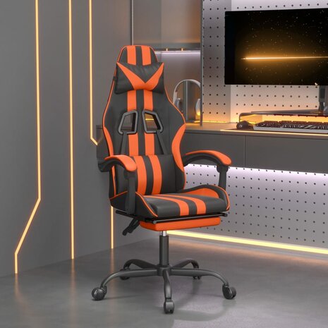 Gamestoel draaibaar met voetensteun kunstleer zwart en oranje 1