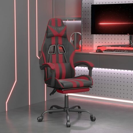 Gamestoel draaibaar met voetensteun kunstleer zwart en wijnrood 1
