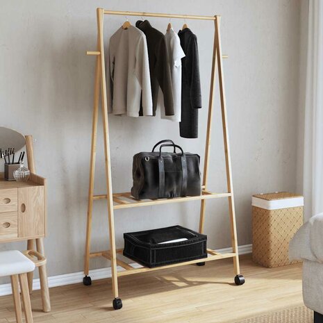Kledingrek met schappen en wielen 96x45,5x155,5 cm bamboe 3