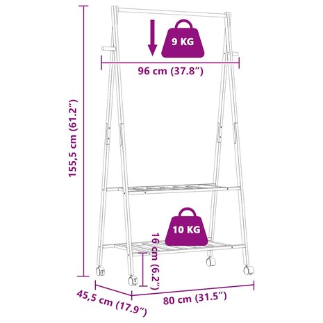 Kledingrek met schappen en wielen 96x45,5x155,5 cm bamboe 9