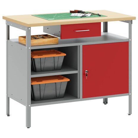 Werkbank met lade met plank Rood en Grijs 100 x 55 x 85 cm 3
