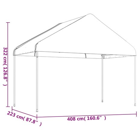 Prieel met dak 4,08x2,23x3,22 m polyetheen wit 4
