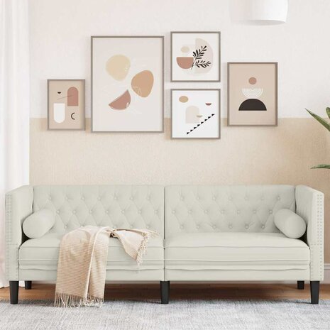 Driezitsbank Chesterfield-stijl met bolsters fluweel cr&egrave;mekleur 1